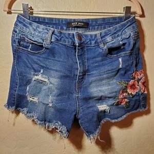 Denim Wax Jeans Shorts with Flower Embroidery- Size L